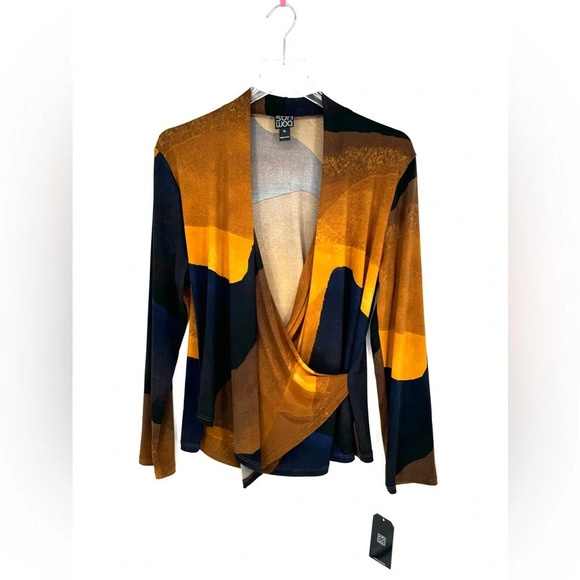 NWT Clara Sunwoo Long Sleeve Crossover Faux Wrap Top Tan Watercolor Gold XL (16) - Picture 5 of 13